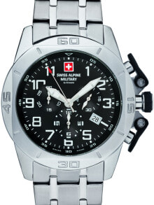Мужские наручные часы с серебряным браслетом Swiss Alpine Military 7063.9137 chrono 45mm 10ATM
