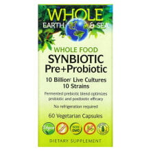 Пребиотики и пробиотики natural Factors, Whole Earth & Sea, цельнопищевой синбиотик пре + пробиотик, 10 миллиардов, 60 вегетарианских капсул