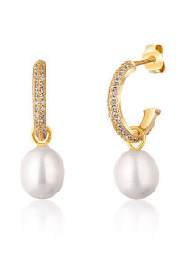 Ювелирные серьги beautiful gold-plated hoop earrings with real pearls 2in1 JL0771