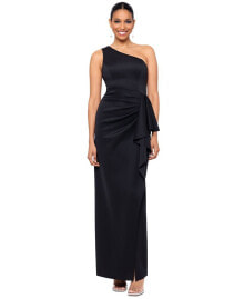 XSCAPE petite One-Shoulder Side-Drape High-Slit Gown