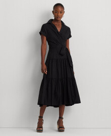 Lauren Ralph Lauren women's Belted Cotton-Blend Tiered Dress