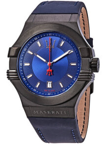Аналоговые мужские наручные часы с синим кожаным ремешком Maserati R8851108021 Potenza mens 45mm 10ATM