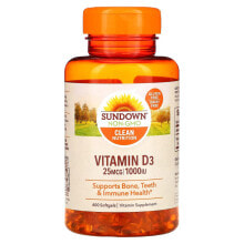 Витамин D Sundown Naturals, Витамин D3, 25 мкг (1000 МЕ), 400 мягких таблеток