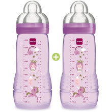 Набор из 2 детских бутылочек MAM по 330 мл. Соска с отверстием Х. Единорог, фиолетовый.
