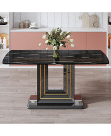 Simplie Fun dining table. Black imitation marble pattern desktop. Black MDF table legs, gold lines, black