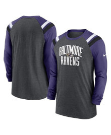 Nike men's Heathered Charcoal, Purple Baltimore Ravens Tri-Blend Raglan Athletic Long Sleeve Fashion T-shirt