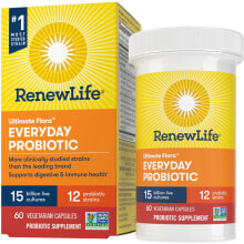 Пребиотики и пробиотики renew Life Ultimate Flora Everyday Probiotic Ежедневные пробиотики для поддержки здоровья пищеварительной системы и иммунитета 15 млрд КОЕ 12 штаммов 60 веганских капсул