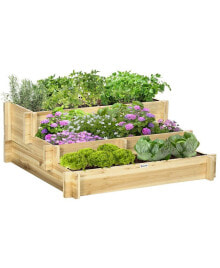 Outsunny 3-Tier Raised Garden Bed, Water Draining Fabric for Soil, Elevated Wood Flower Box for Vegetables, Herbs, Outdoor Plants, Natural