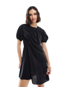 ASOS DESIGN cupro puff sleeve mini smock dress with ruching detail in black купить онлайн