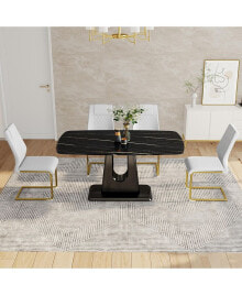 Simplie Fun table and chair set, minimalist dining table, imitation marble patterned glass tabletop, MDF legs with U-shaped brackets. Paired with comfortable chairs, suitable for dining and living rooms.