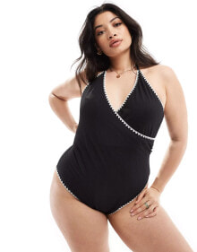 Купить женские купальники In The Style Plus: In The Style Plus wrap front contrast stitch swimsuit in black