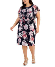 Connected plus Size Floral-Print Flutter-Sleeve Midi Dress