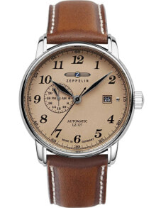 Мужские наручные часы с коричневым кожаным ремешком Zeppelin 8668-5 Graf Zeppelin LZ127 automatic 41mm 5ATM