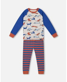 Little Boys Organic Cotton Two Piece Pajama Set Blue And Orange Stripe - Toddler