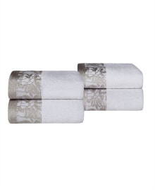 Superior floral Bohemian Embroidered Jacquard Border Cotton Hand Towel Set, 4 Pieces