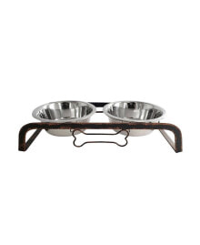 JoJo Modern Pets rustic Elevated Dog Bone Feeder with 2 Stainless Steel Bowls, 2qt