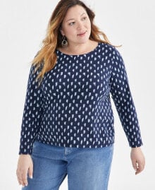 Plus Size Printed Scoop-Neck Long-Sleeve Top, Created for Macy's купить онлайн