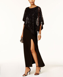 R & M Richards sequined Lace Cape Gown