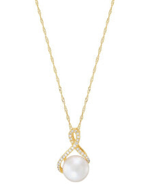 Купить ювелирные кулоны и подвески Honora: Cultured Freshwater Pearl (8mm) & Diamond (1/10 ct. t.w.) Ribbon 18" Pendant Necklace in 14k Gold