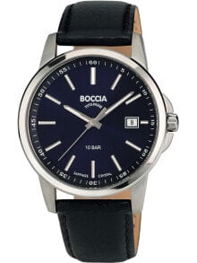 Мужские наручные часы с черным кожаным ремешком Boccia 3633-01 mens watch titanium 40mm 10ATM