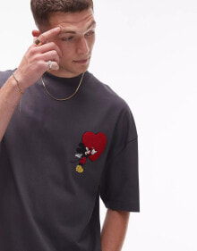 Купить мужские футболки и майки Topman: Topman Disney premium extreme oversized fit t-shirt Mickey heart embroidery patch in charcoal