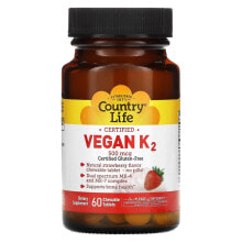 Витамин К Country Life, Certified Vegan K2, Strawberry, 500 mcg, 60 Chewable Tablets