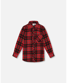 Deux par Deux big Boys Long Sleeve Button Down Flannel Shirt Plaid Black And Red