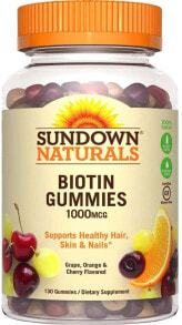 Витамины группы В sundown Naturals Biotin Gummies Биотин для здоровья кожи, ногтей и волос 1000 мг 130 жевательных таблеток со вкусом граната, апельсина и вишни