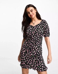 Pieces puff sleeve mini dress in black floral купить в интернет-магазине