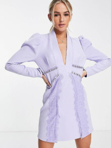 Женские повседневные платья lashes Of London puff sleeve lace and embellished mini blazer dress in lilac