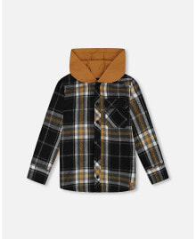 Deux par Deux toddler Boys Button Down Flannel Shirt With Hood Plaid Black And Caramel - Toddler|Child