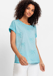 Купить женские блузки и кофточки Olsen: 100% Cotton Short Sun-Bleached Tee with Palm Tree Applique