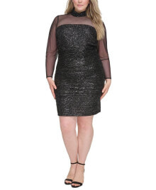 Eliza J plus Size Illusion-Sleeve Sequin Cocktail Dress