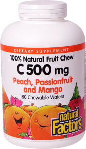 Витамин С natural Factors 100% Natural Fruit Chew C Peach Passionfruit and Mango Натуральный витамин С со вкусом персика,маракуйи и манго 500 мг 180 жевательных пластинок