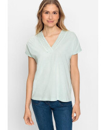 Купить женские блузки и кофточки Olsen: Women's 100% Cotton Short Sleeve T-Shirt with Embroidered Neckline