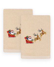 Linum Home christmas Santa's Sled Embroidered Luxury 100% Turkish Cotton Hand Towels, 2 Piece Set