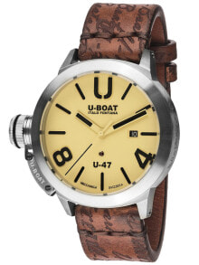 Мужские наручные часы с ремешком Мужские наручные с коричневым кожаным ремешком U-Boat 8106 Classico U-47 Automatic beige 47mm 100M