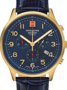 Мужские наручные часы с ремешком Мужские наручные часы с синим кожаным ремешком  Swiss Alpine Military 7084.9515 Chronograph 43mm 10ATM