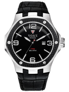 Мужские наручные часы с черным кожаным ремешком V.O.S.T. Germany V100.010.3S.SC.L.B Steel-Date 44mm 20ATM