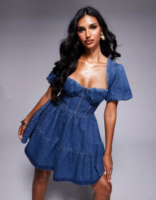 ASOS LUXE denim puff sleeve corsetted mini skater dress in blue dark wash купить онлайн