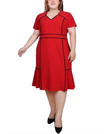 NY Collection plus Size Short Sleeve Piped Detail Dress