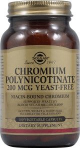 Минералы и микроэлементы Solgar Chromium Polynicotinate Yeast Free Пищевая добавка полиникотинат  хрома 200 мкг Без дрожжей  100 растительных капсул