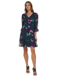 DKNY women's Printed V-Neck Ruffle-Hem Dress