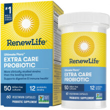 Пребиотики и пробиотики renew Life Ultimate Flora Extra Care Probiotic Пробиотики для поддержки здоровья пищеварительной системы и иммунитета 50 млрд КОЕ 12 штаммов 60 веганских капсул