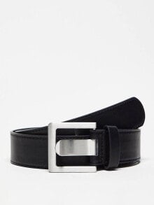 Мужские ремни и пояса aSOS DESIGN faux leather belt with brushed square buckle in black
