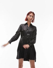 Купить черные женские мини-платья Topshop Tall: Topshop Tall satin tie mini shirtdress in black