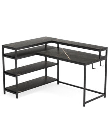 Tribesigns 53 Inch Reversible L Shaped Desk with Storage Shelf, Modern Black Marble Corner Desk with Shelves and Monitor Stand, Gaming Desk for Home Office 53