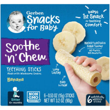 Печенье, супы, макароны для малышей Гербер, Soothe 'N' Chew, палочки для прорезывания зубов, от 6 месяцев, банан, 6 стиков в индивидуальной упаковке, 15 г (0,53 унции)
