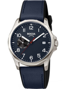 Мужские наручные часы с синим кожаным ремешком Boccia 3644-02 mens watch titanium 40mm 10ATM
