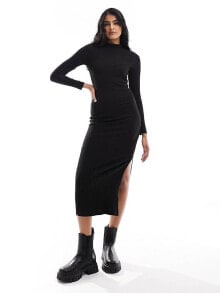 Купить черные женские платья-макси New Look: New Look high neck long sleeve midi dress in black